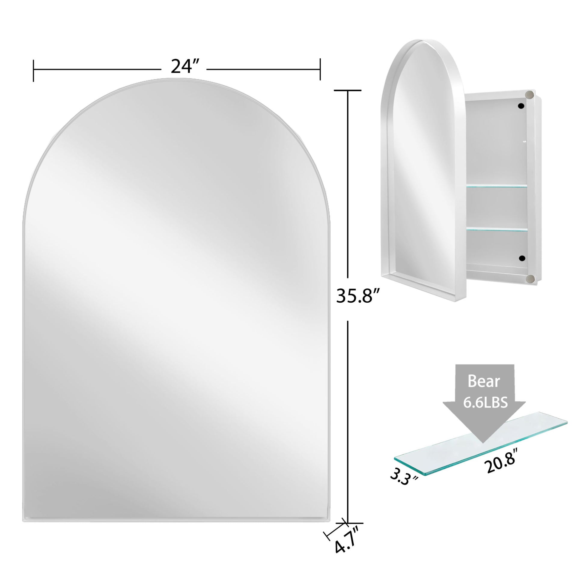 Start2Finish 24x36 inch arched recessed medicine cabinet with metal frame, wall mirror, and built-in shelves for bathroom storage