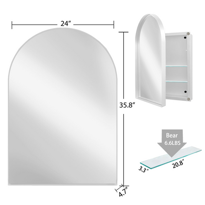 Start2Finish 24x36 inch arched recessed medicine cabinet with metal frame, wall mirror, and built-in shelves for bathroom storage