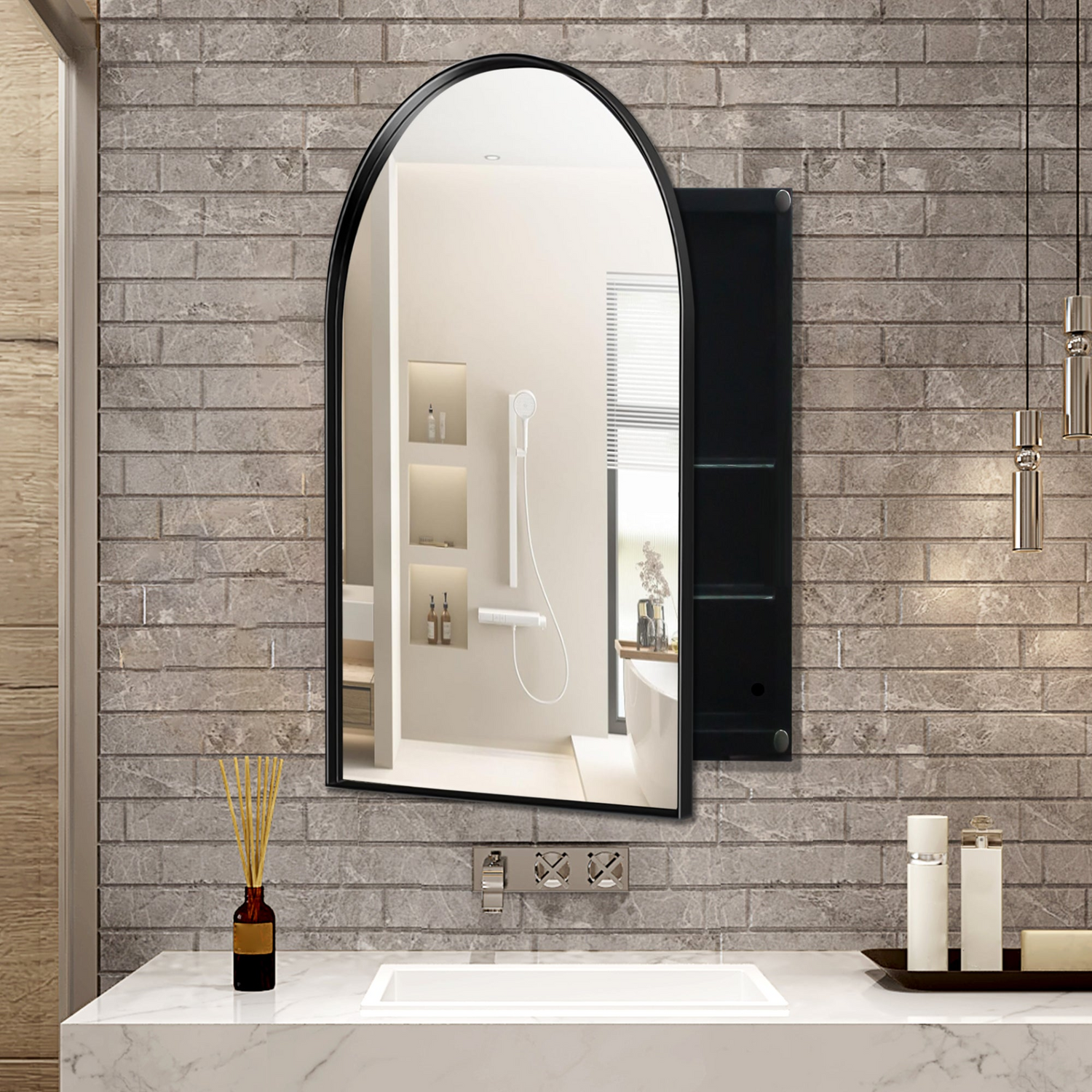 Start2Finish 24x36 inch arched metal framed recessed medicine cabinet with wall mirror and built-in shelves.
