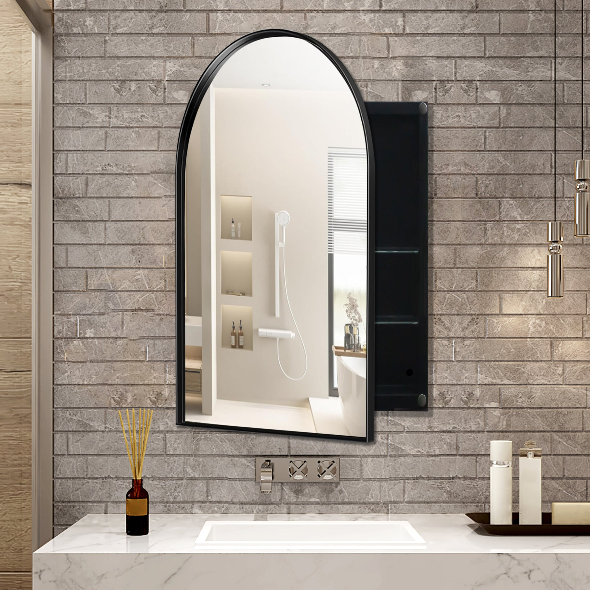 Start2Finish 24x36 inch arched metal framed recessed medicine cabinet with wall mirror and built-in shelves.