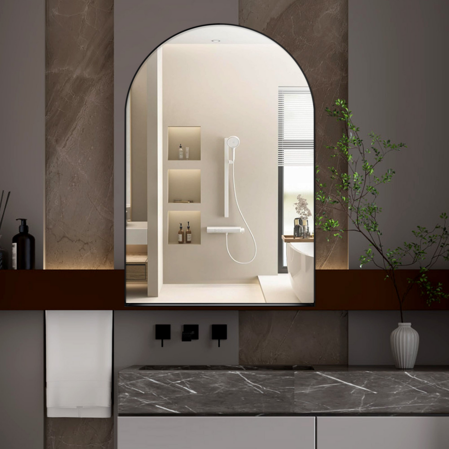 Start2Finish 24x36 inch arched recessed metal framed medicine cabinet with wall mirror and shelves for bathroom storage.