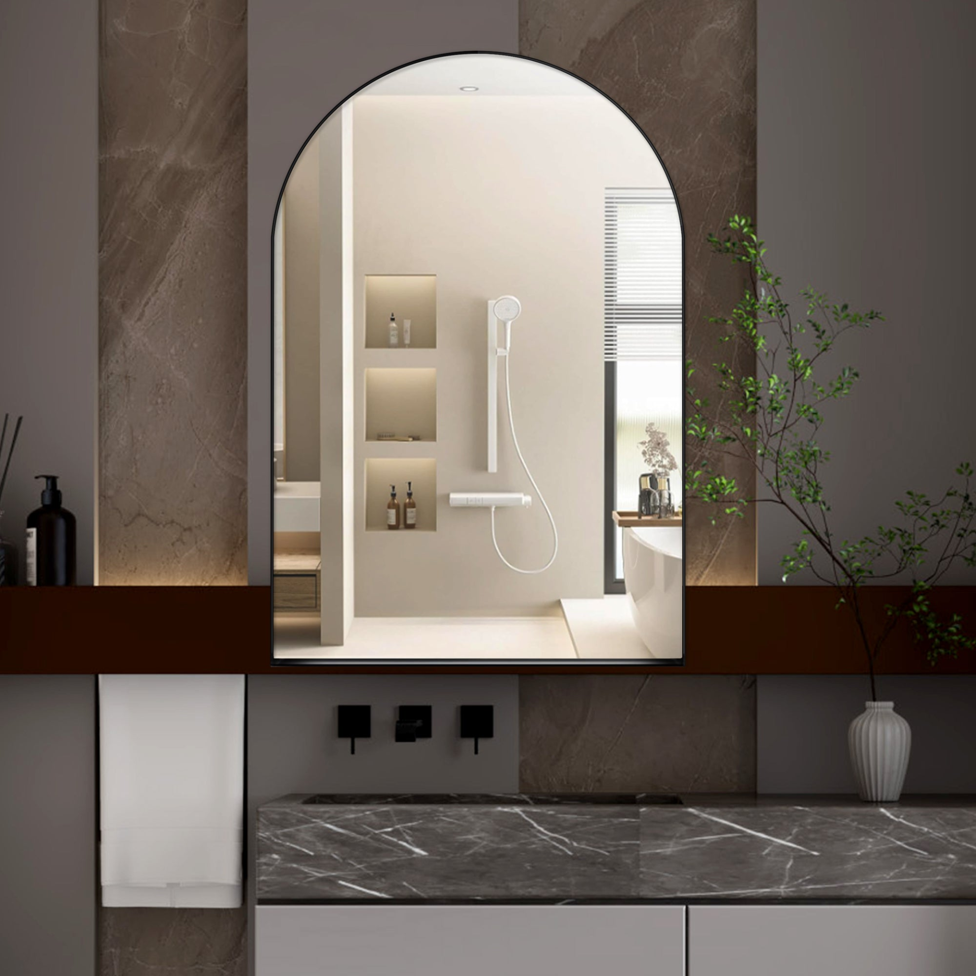 Start2Finish 24x36 inch arched recessed metal framed medicine cabinet with wall mirror and shelves for bathroom storage.