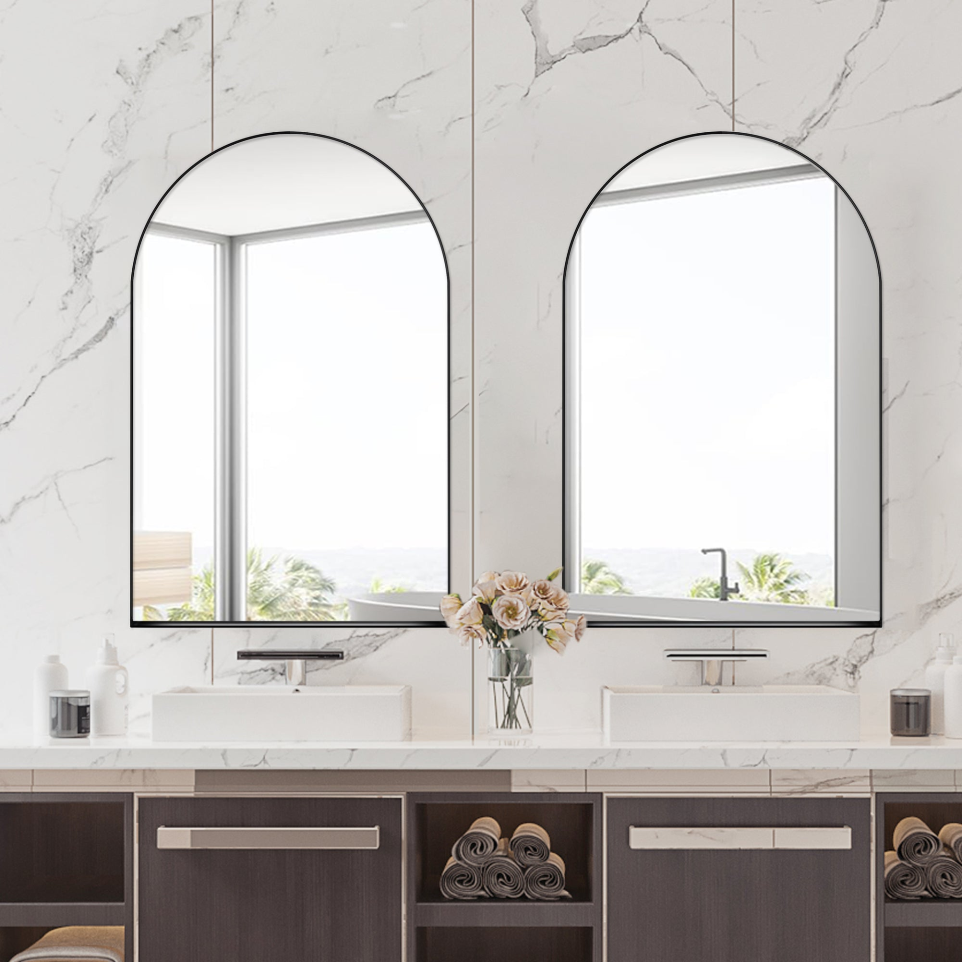 Start2Finish 24x36 inch arched recessed metal medicine cabinet with wall mirror and built-in shelves for bathroom storage.