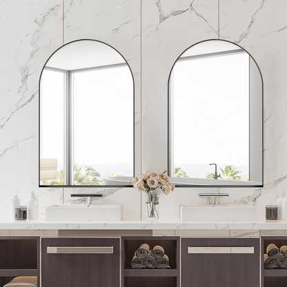 Start2Finish 24x36 inch arched recessed metal medicine cabinet with wall mirror and built-in shelves for bathroom storage.