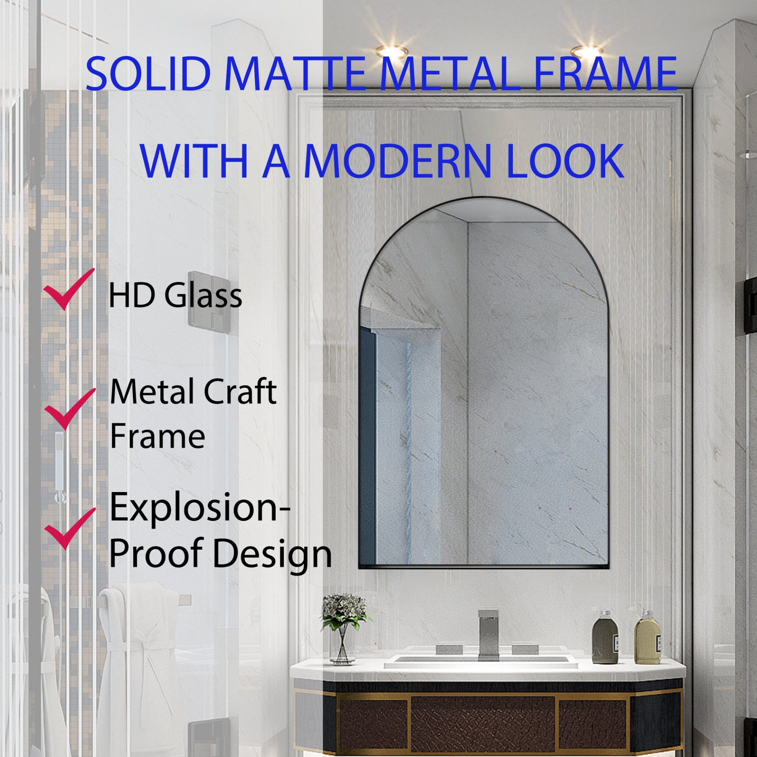 Start2Finish 24x36 inch arched recessed medicine cabinet with metal frame, wall mirror, and built-in shelves inside.