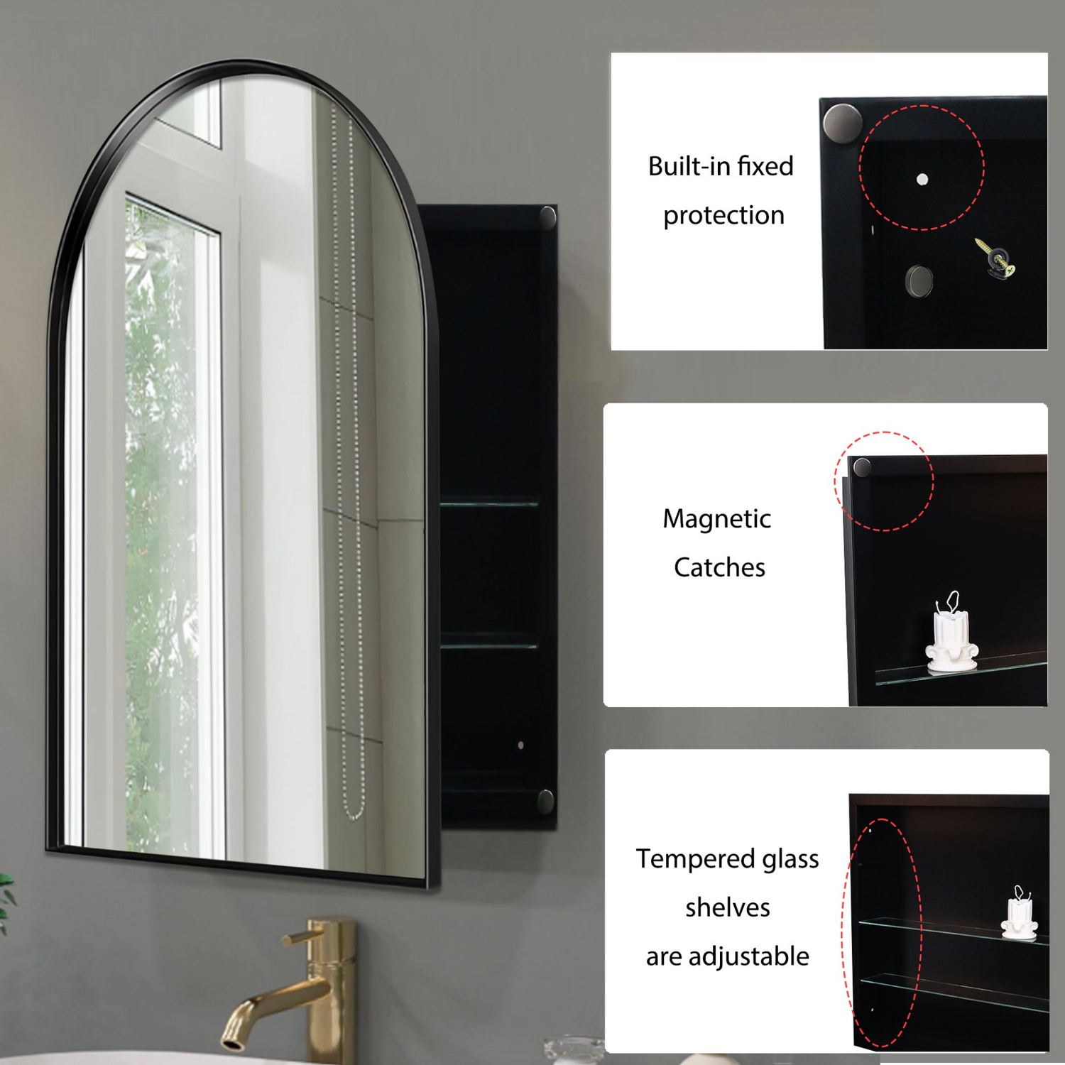 Metal framed 24x36 inch arched recessed medicine cabinet with wall mirror and built-in shelves for bathroom storage.