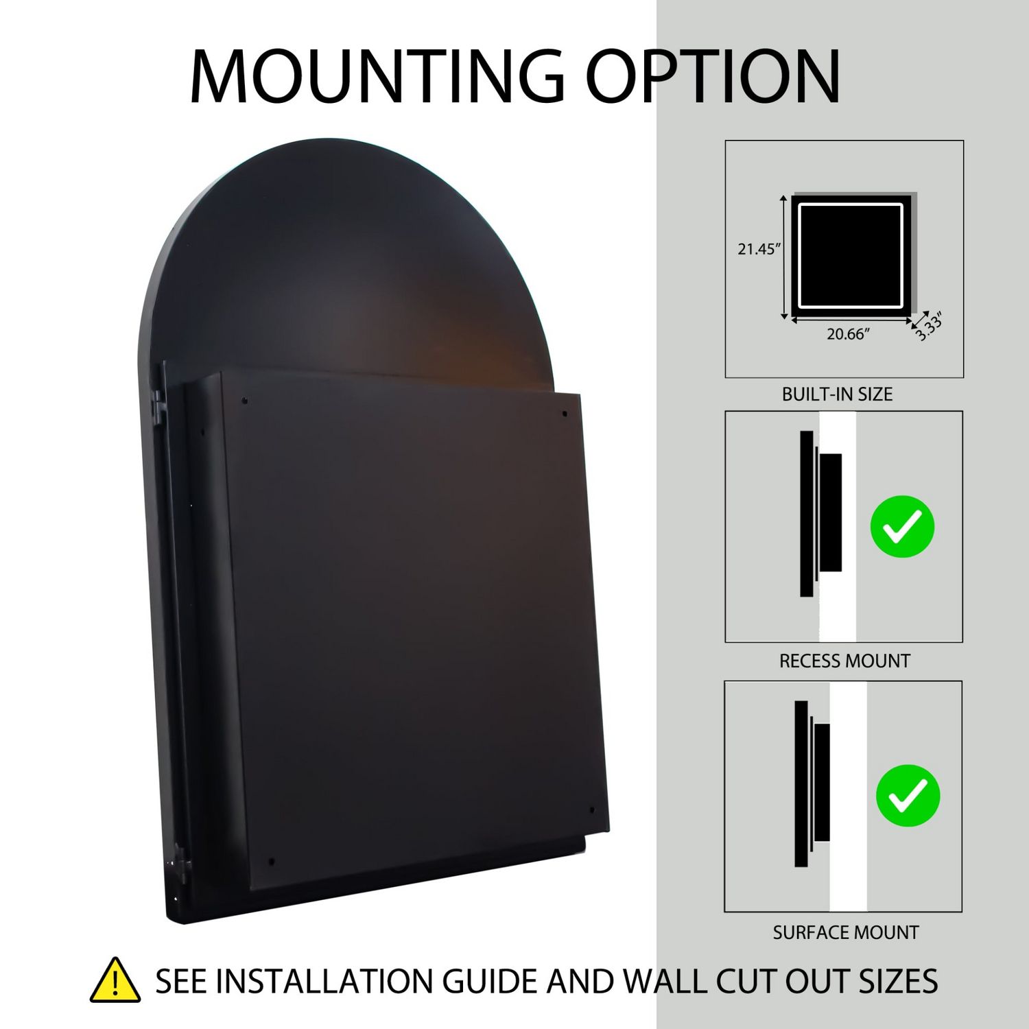 Start2Finish 24x36 inch arched recessed medicine cabinet with metal frame, wall mirror, and shelves for bathroom storage.