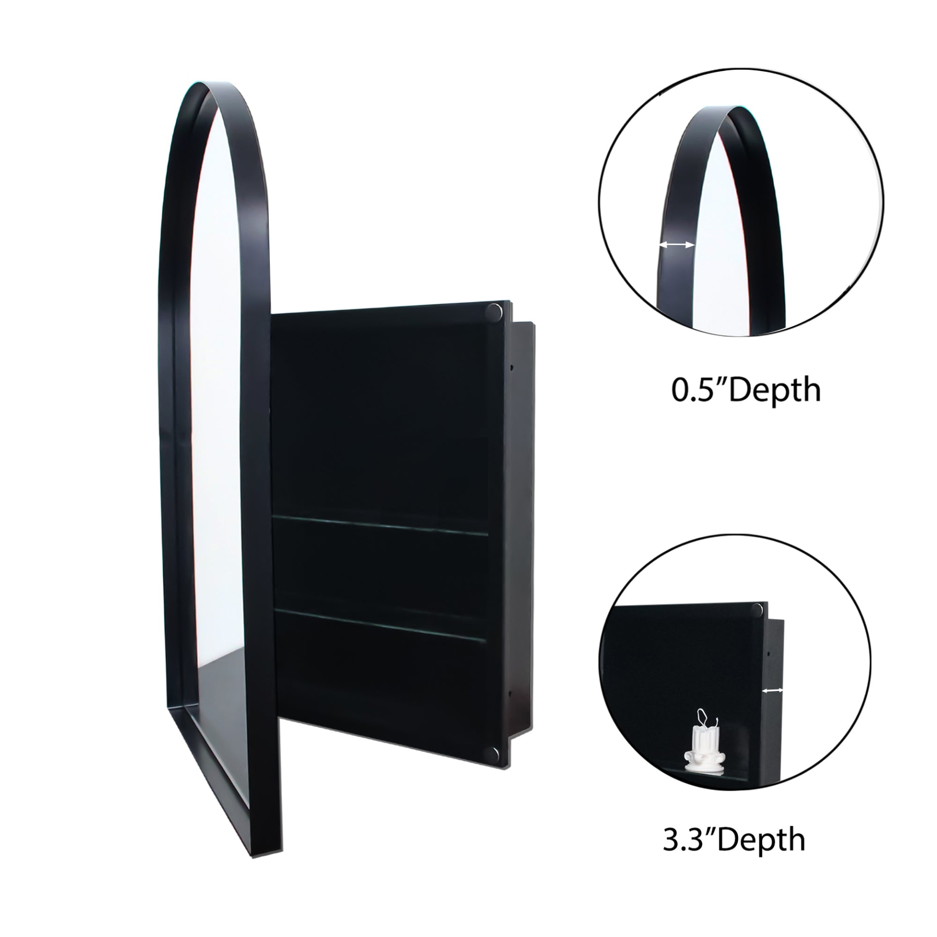 Start2Finish 24x36 inch arched recessed medicine cabinet with metal frame and wall mirror featuring built-in shelves.