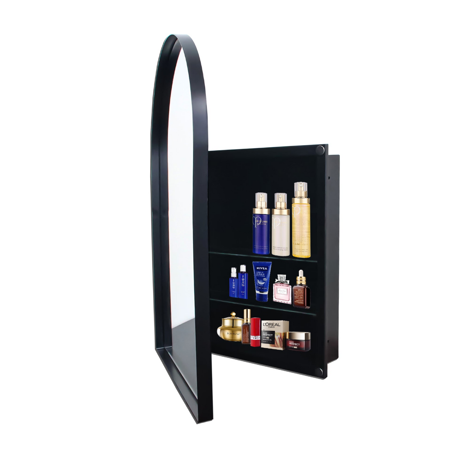 24x36 inch arched recessed medicine cabinet with metal frame, wall mirror and built-in shelves for bathroom storage.