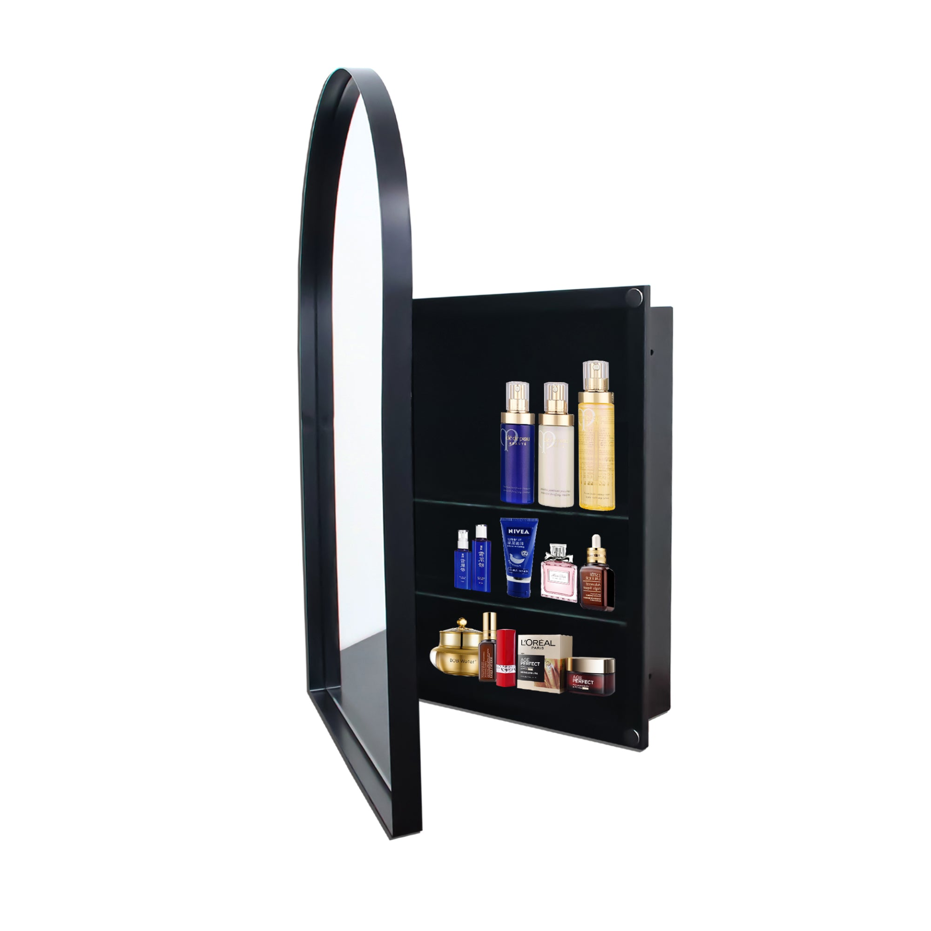 24x36 inch arched recessed medicine cabinet with metal frame, wall mirror and built-in shelves for bathroom storage.
