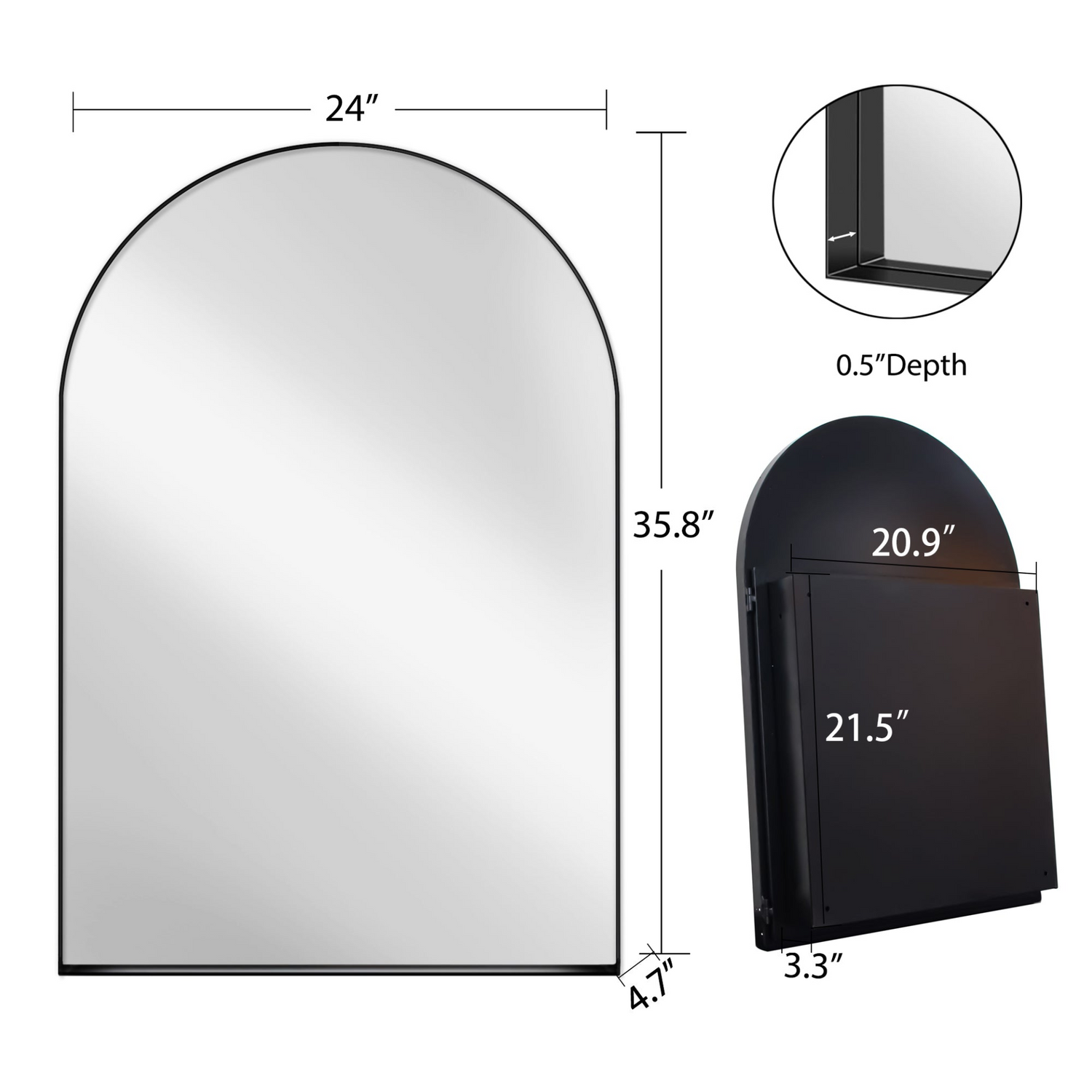 Metal framed 24x36 inch arched recessed medicine cabinet with wall mirror and shelves, ideal for bathroom storage and decor.