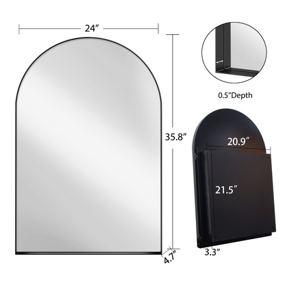Metal framed 24x36 inch arched recessed medicine cabinet with wall mirror and shelves, ideal for bathroom storage and decor.