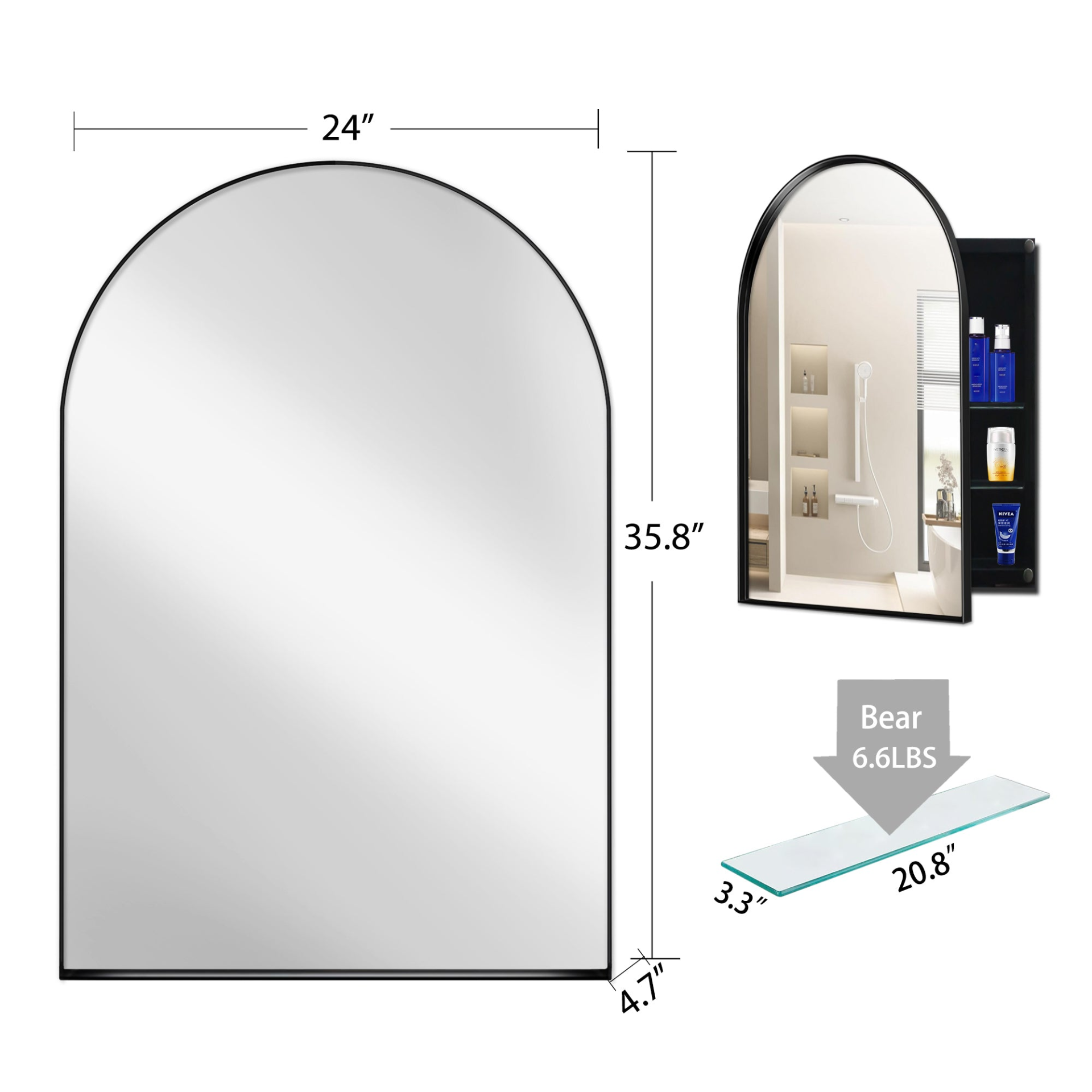 Start2Finish 24x36 inch arched recessed medicine cabinet with metal frame and wall mirror featuring built-in shelves.