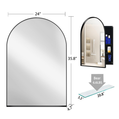 Start2Finish 24x36 inch arched recessed medicine cabinet with metal frame and wall mirror featuring built-in shelves.