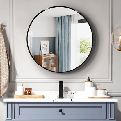 Start2Finish 36-inch round metal-framed wall-mounted bathroom mirror with sleek design for vanity or bathroom decor.