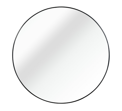 Round metal framed bathroom mirror, wall-mounted 36-inch vanity mirror with sleek modern design for bathroom decor.