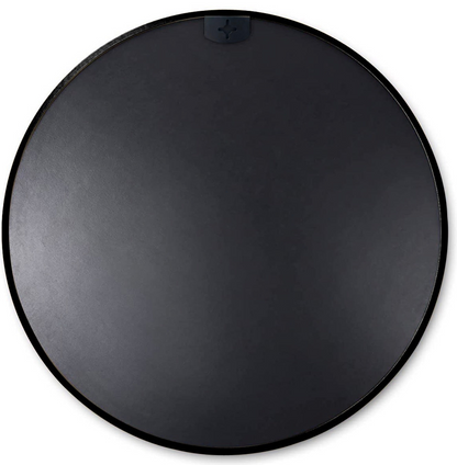 Round 36-inch metal framed wall-mounted bathroom mirror with sleek design and sturdy mounting hardware.