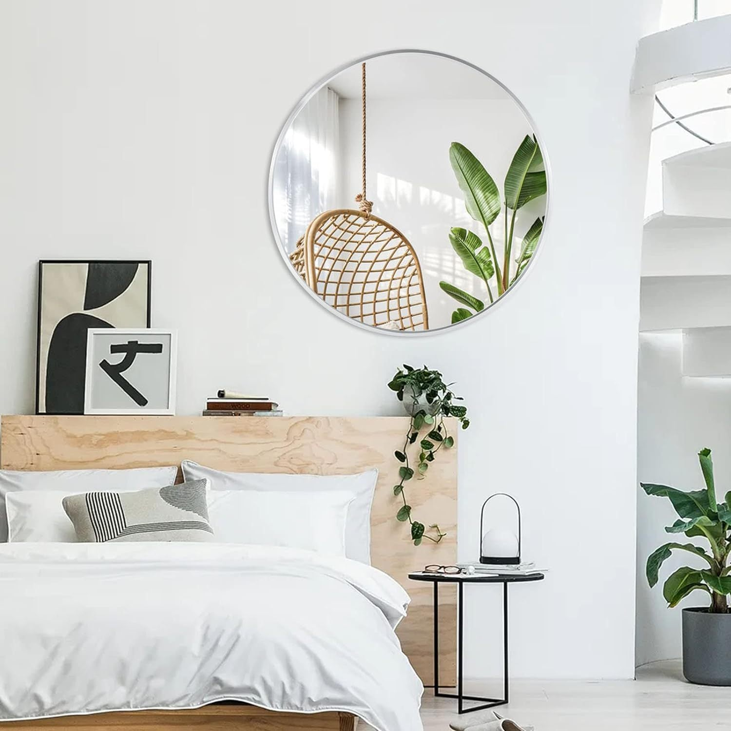 Start2Finish 36-inch round metal framed wall-mounted bathroom mirror with sleek design for vanity or wall decor.