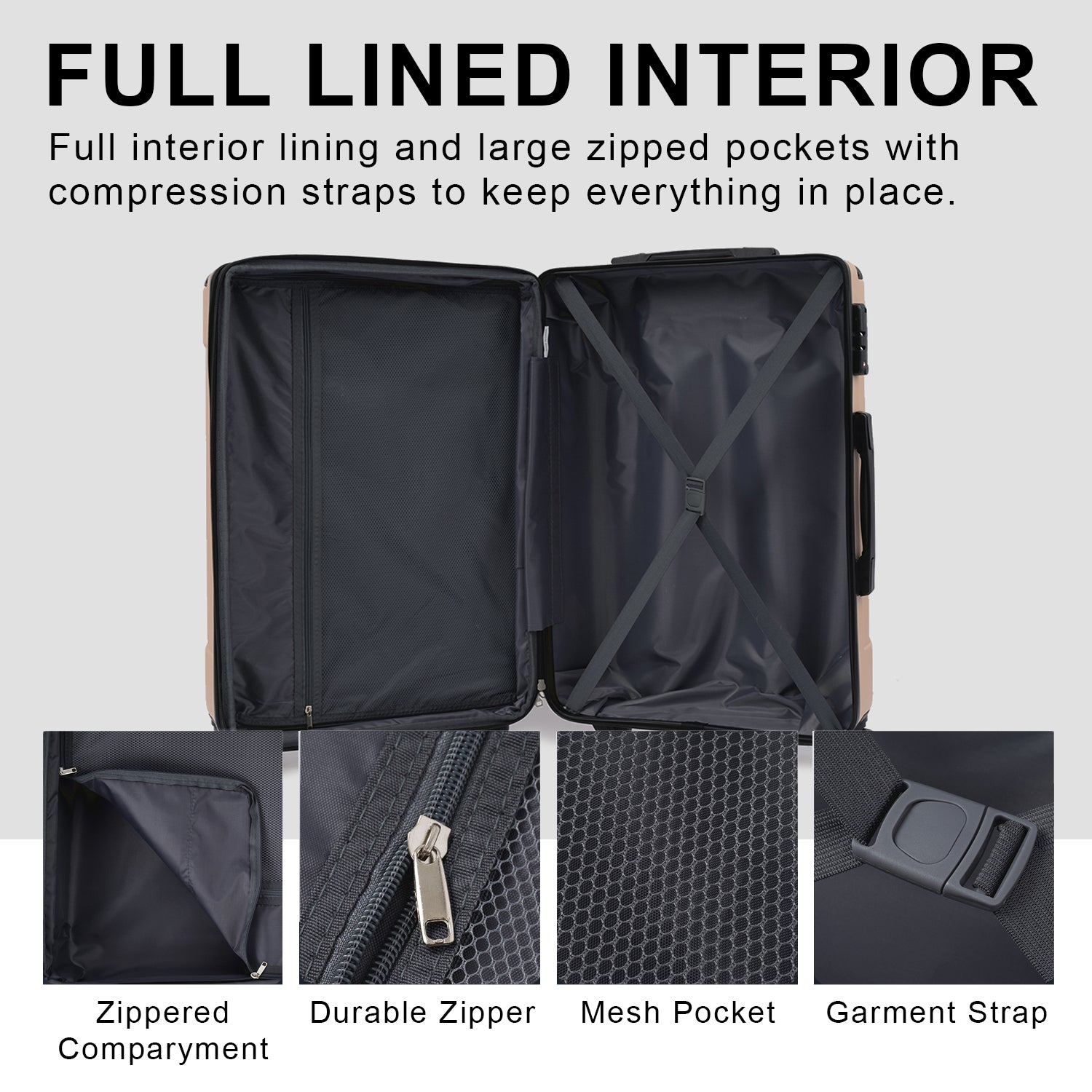 Durable beige hardshell checked luggage by Start2Finish with double wheels, expandable design, and lightweight ABS material.