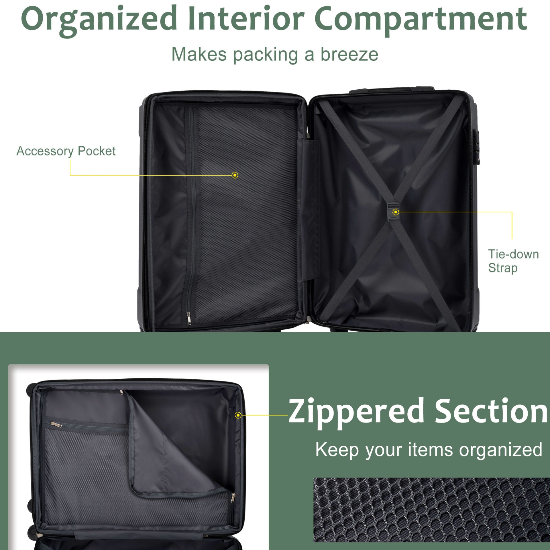 Start2Finish 6-piece hardshell luggage set with expandable design, lightweight suitcases, dual-wheel mobility, and TSA locks.