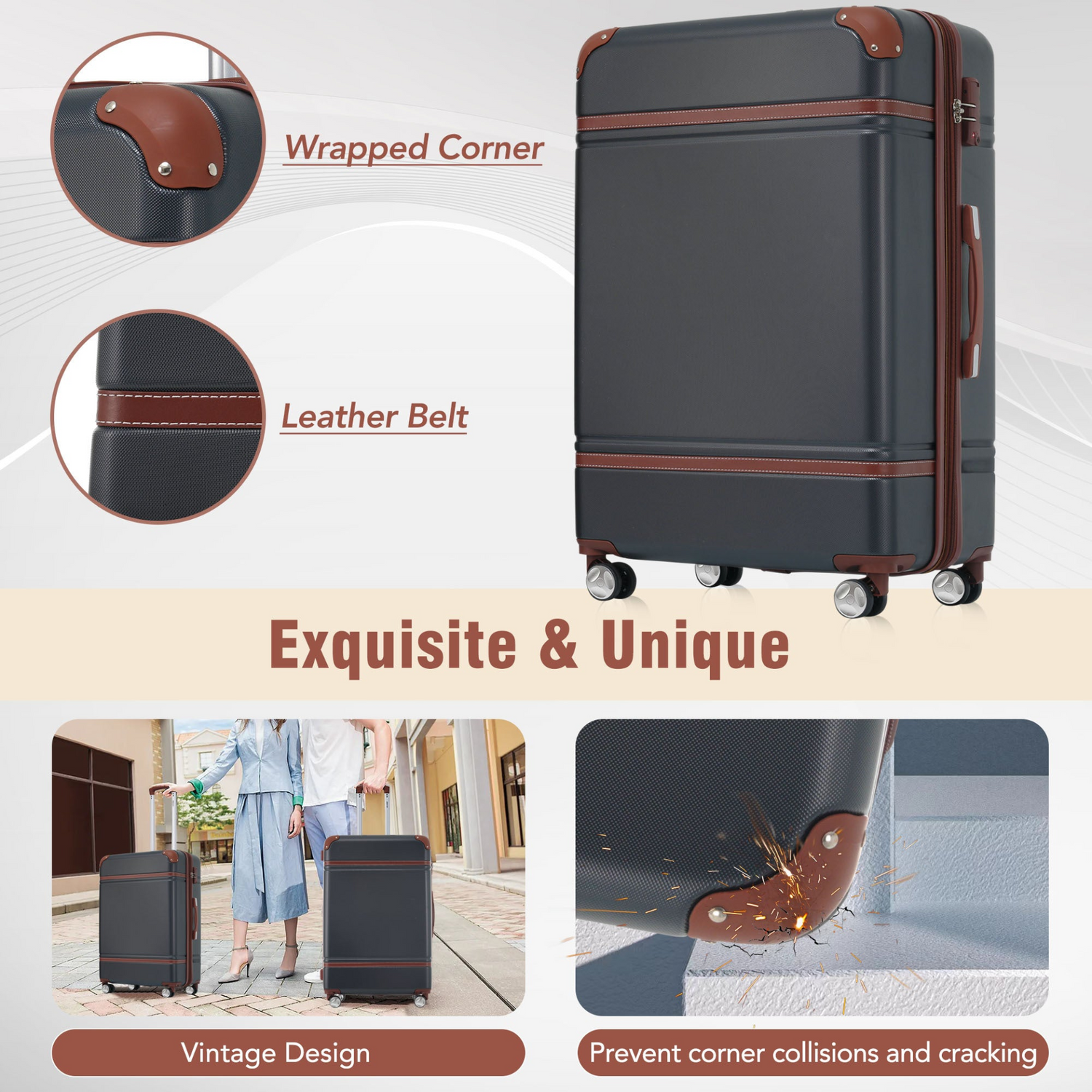 Start2Finish hardshell luggage set with spinner suitcases, cosmetic case, TSA lock, lightweight design, durable travel accessories.