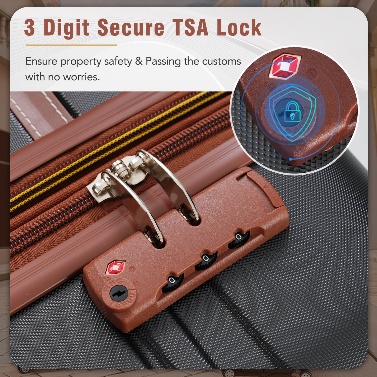 Start2Finish hardshell luggage set with spinner suitcases, cosmetic case, TSA lock, lightweight design, travel accessories.