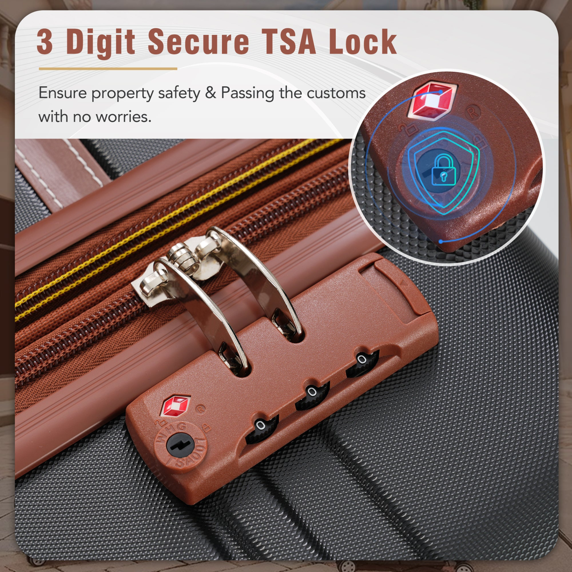 Start2Finish hardshell luggage set with spinner suitcases, cosmetic case, TSA lock, lightweight design, travel accessories.