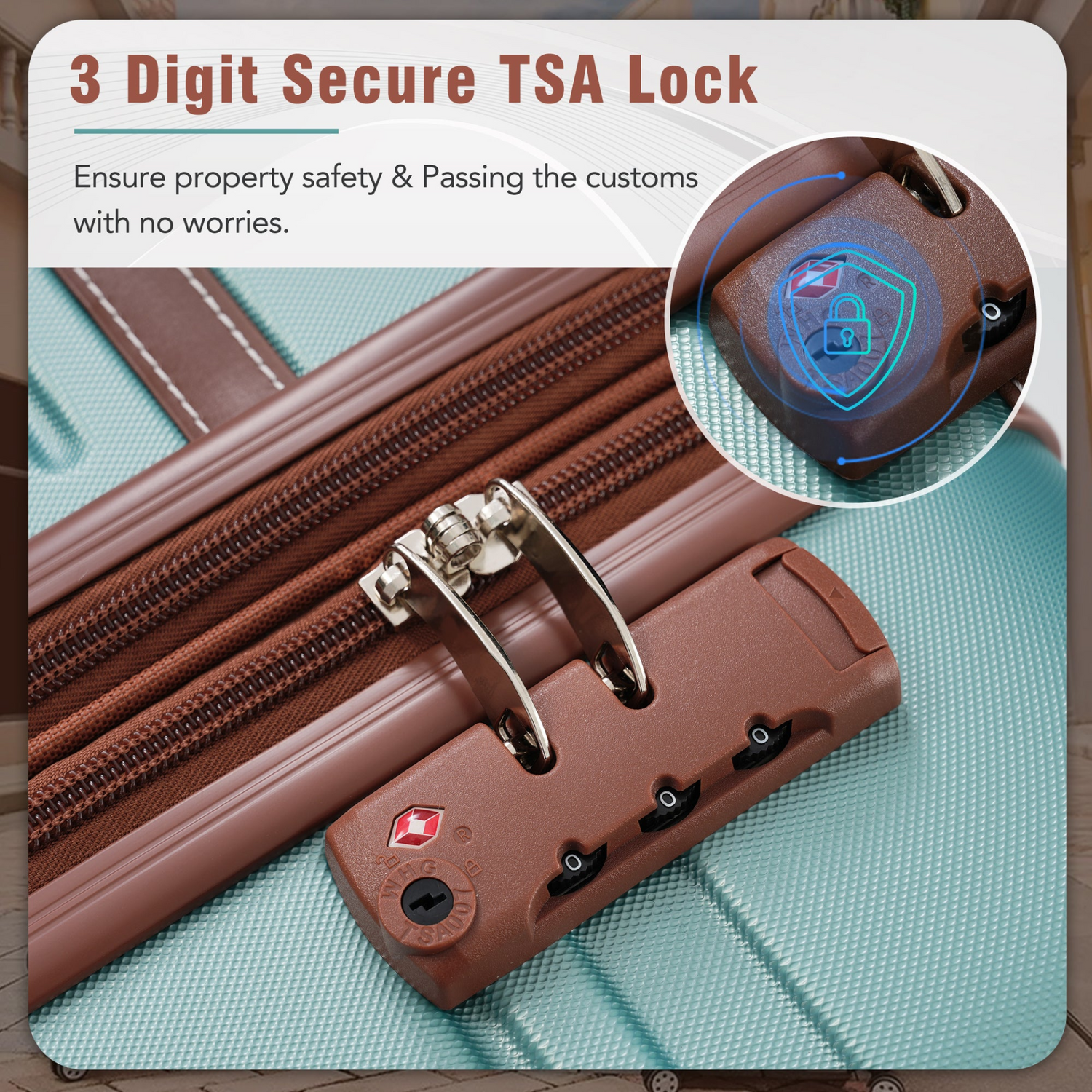 Start2Finish hardshell luggage set with spinner suitcases, cosmetic case, TSA lock, lightweight travel accessories in the image.