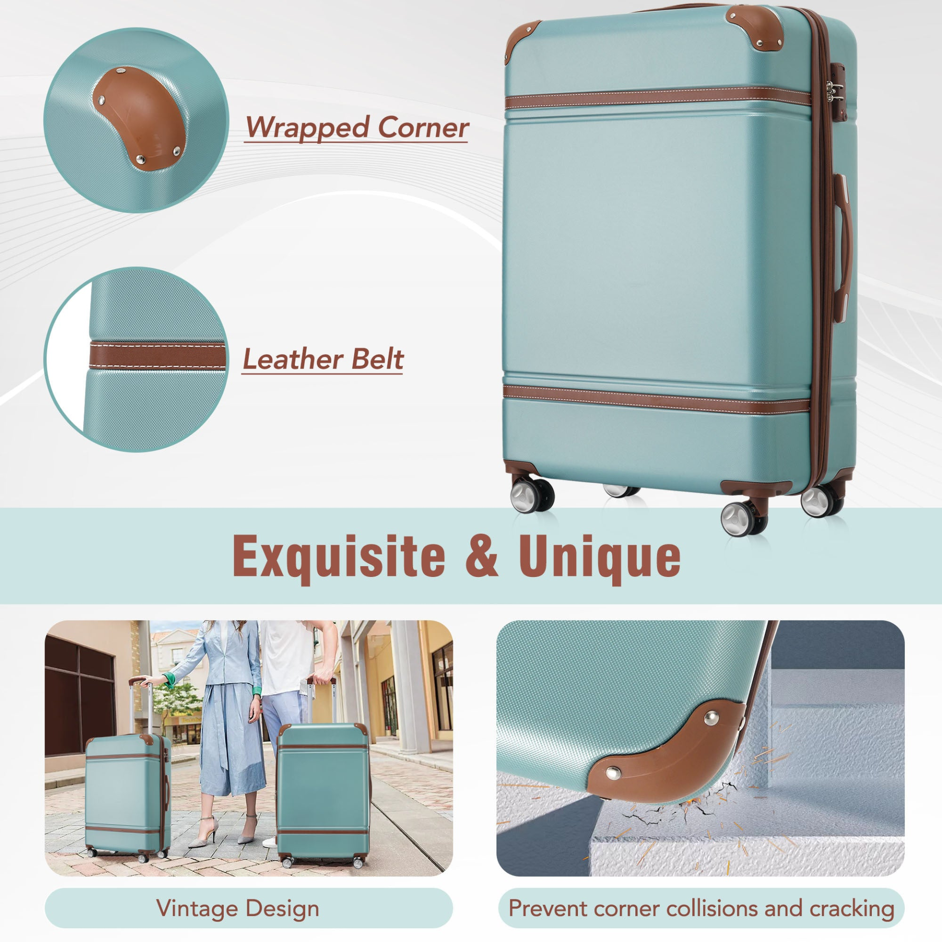 Start2Finish hardshell luggage set with spinner suitcases, cosmetic case, TSA lock, lightweight travel accessories.