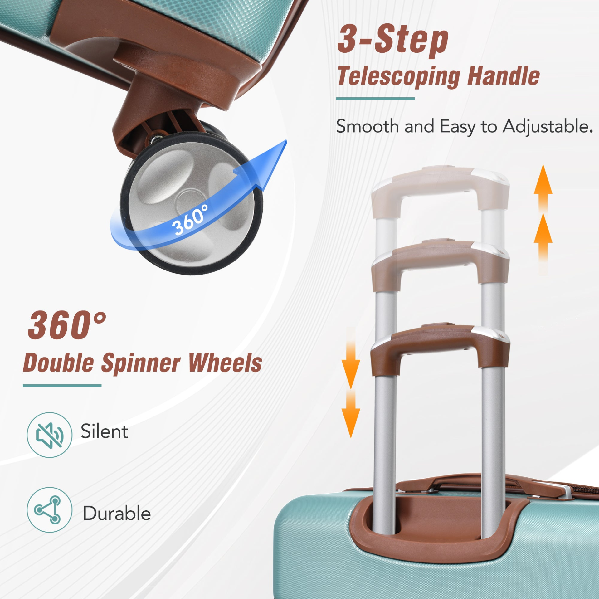 Start2Finish hardshell luggage set with spinner suitcases, cosmetic case, TSA lock, lightweight design, travel accessories.