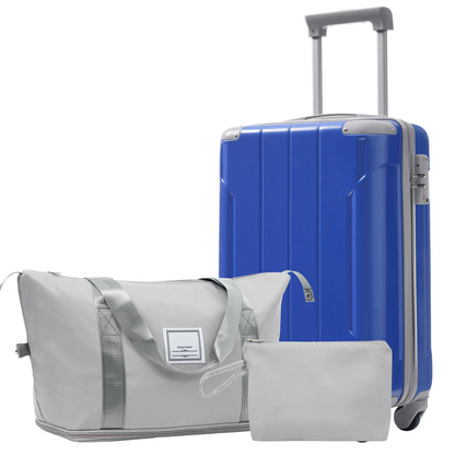 Start2Finish 20-inch hardshell ABS luggage set with spinner wheels, three-piece carry-on travel accessories.
