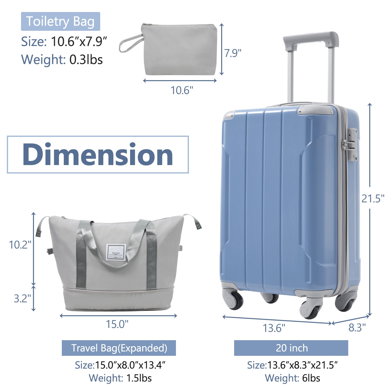 Start2Finish 20-inch carry-on hardshell ABS luggage set with spinner wheels, three-piece travel accessories for easy packing.