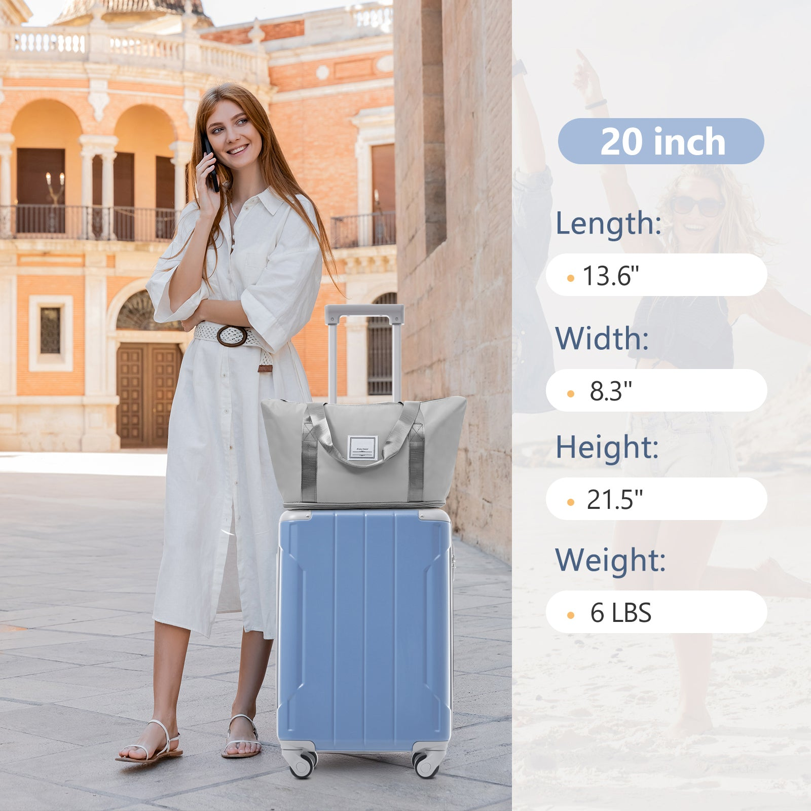 Start2Finish 20-inch carry-on hardshell ABS luggage set with spinner wheels, three-piece travel accessories.
