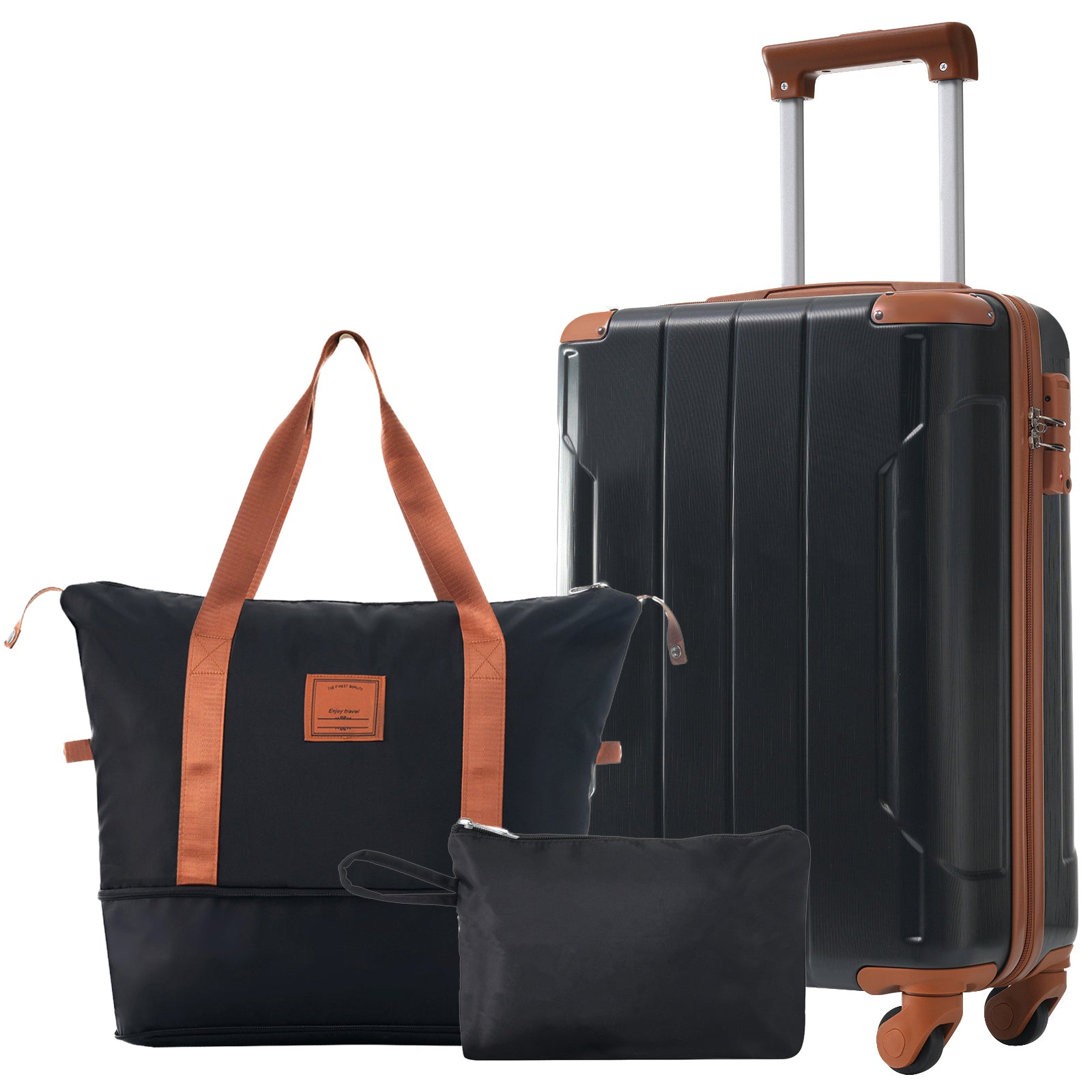 Start2Finish 20-inch carry-on hardshell ABS luggage set with spinner wheels, three-piece travel accessories for easy packing and transport.