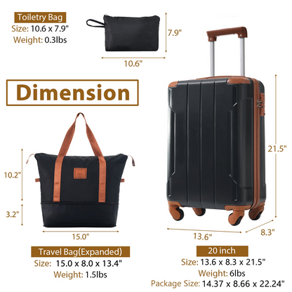 Start2Finish 20-inch carry-on hardshell ABS luggage set with spinner wheels, three-piece travel accessories.