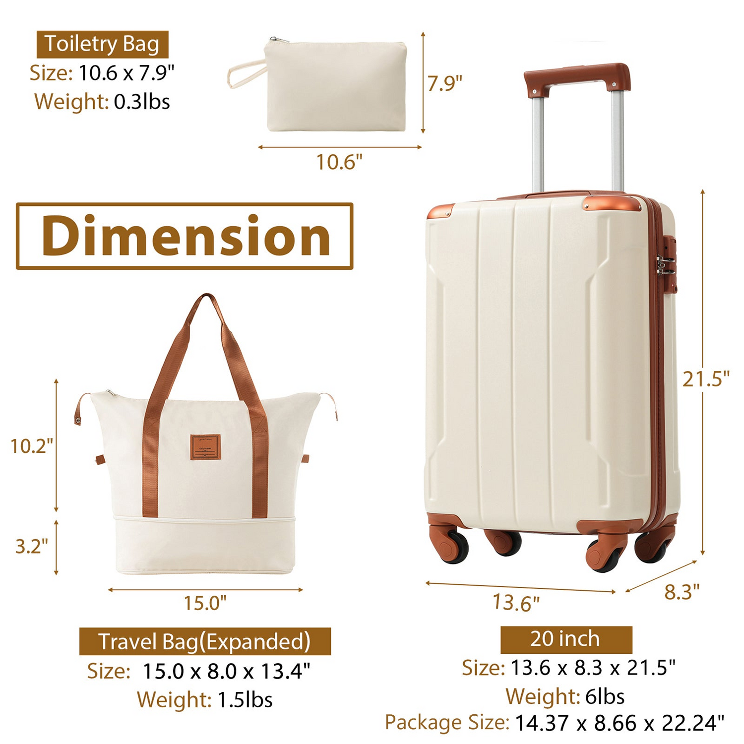 Start2Finish 20-inch carry-on hardshell ABS luggage set with spinner wheels, three-piece travel accessories.
