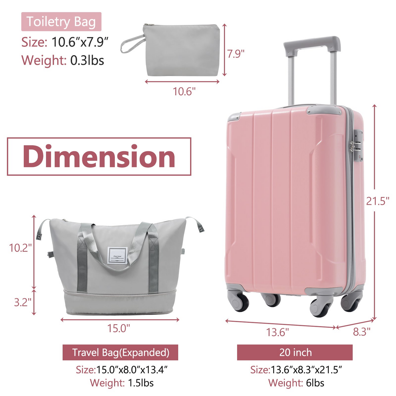 Start2Finish 20-inch carry-on hardshell ABS luggage set with spinner wheels, three-piece travel accessories.