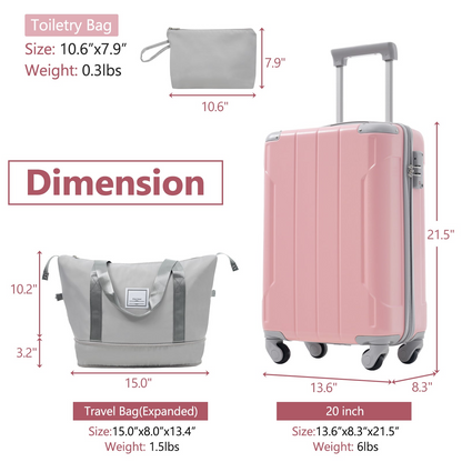 Start2Finish 20-inch carry-on hardshell ABS luggage set with spinner wheels, three-piece travel accessories.