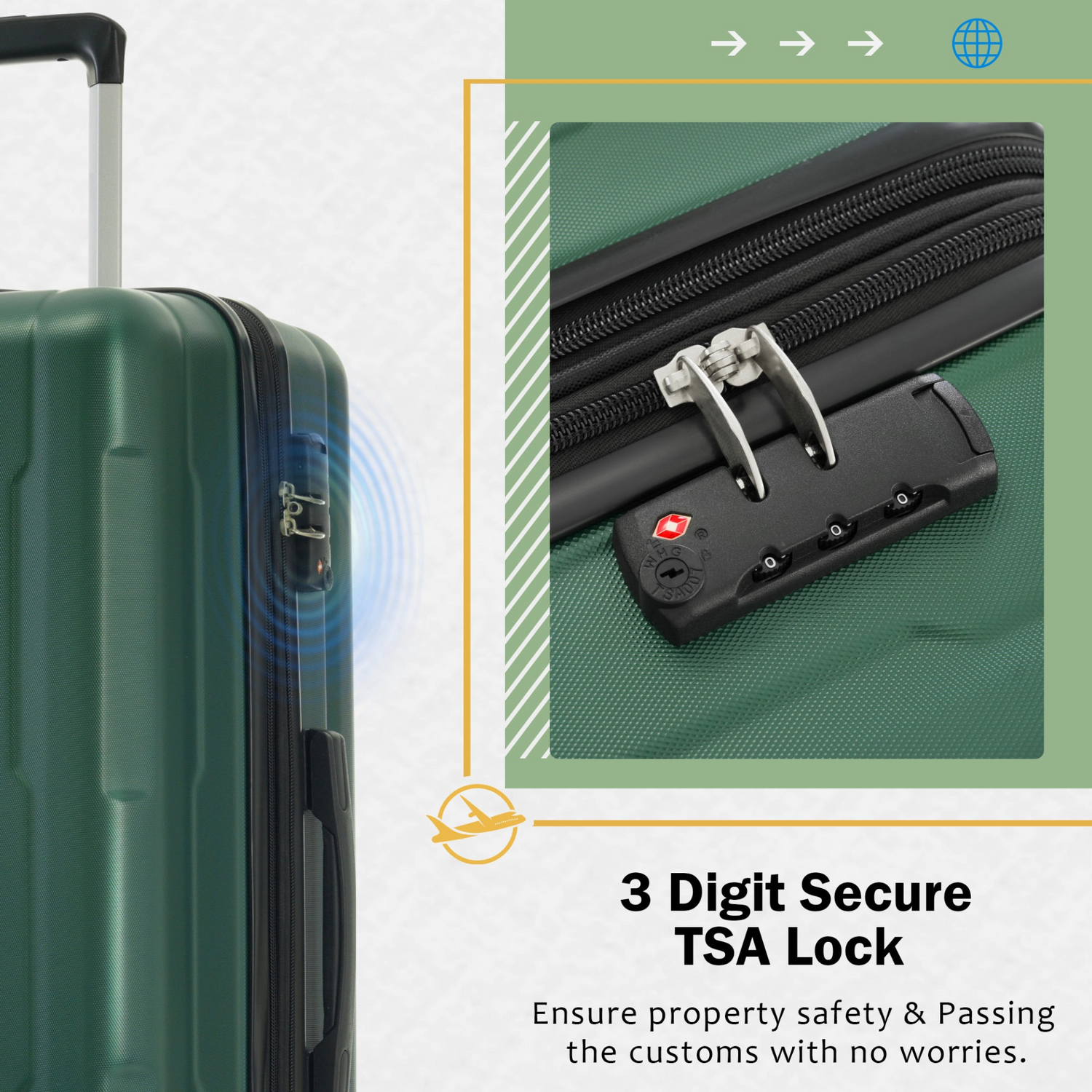Lightweight Start2Finish expandable spinner suitcase with TSA lock and matching travel bags, featuring durable ABS material and four wheels.