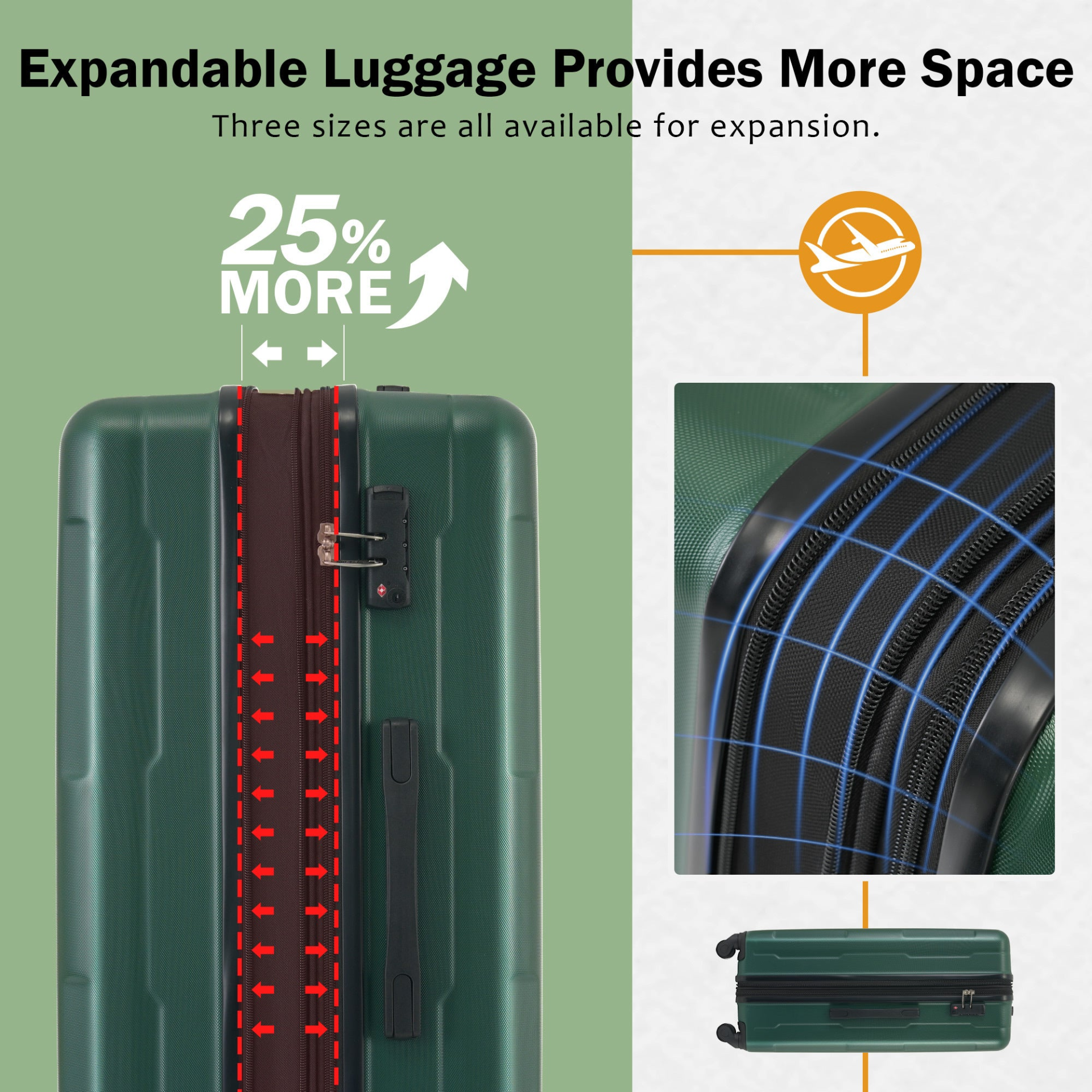 Start2Finish expandable spinner suitcase set with lightweight ABS material, TSA lock, and matching travel bags.