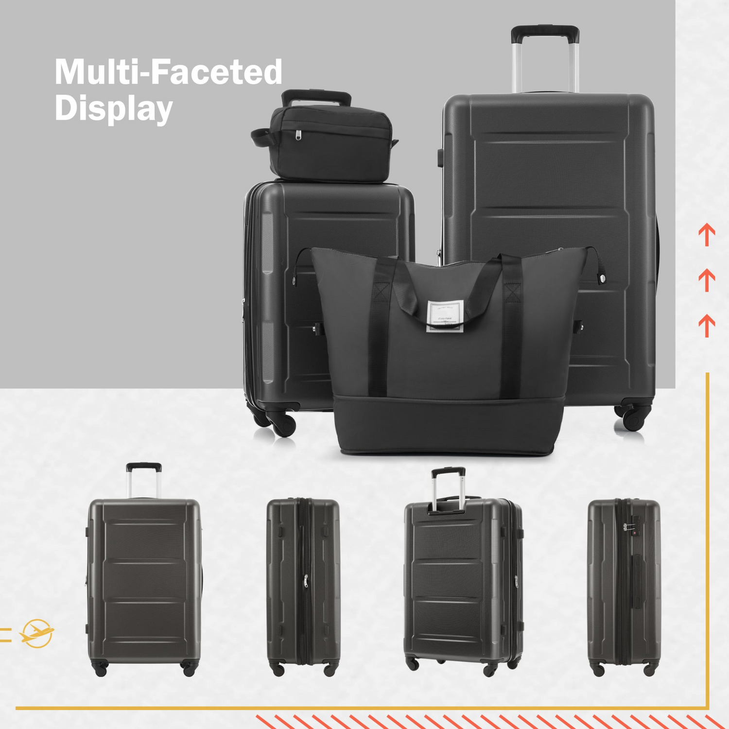 Start2Finish expandable spinner wheel ABS lightweight suitcase set with TSA lock and matching travel bags, shown in the image.