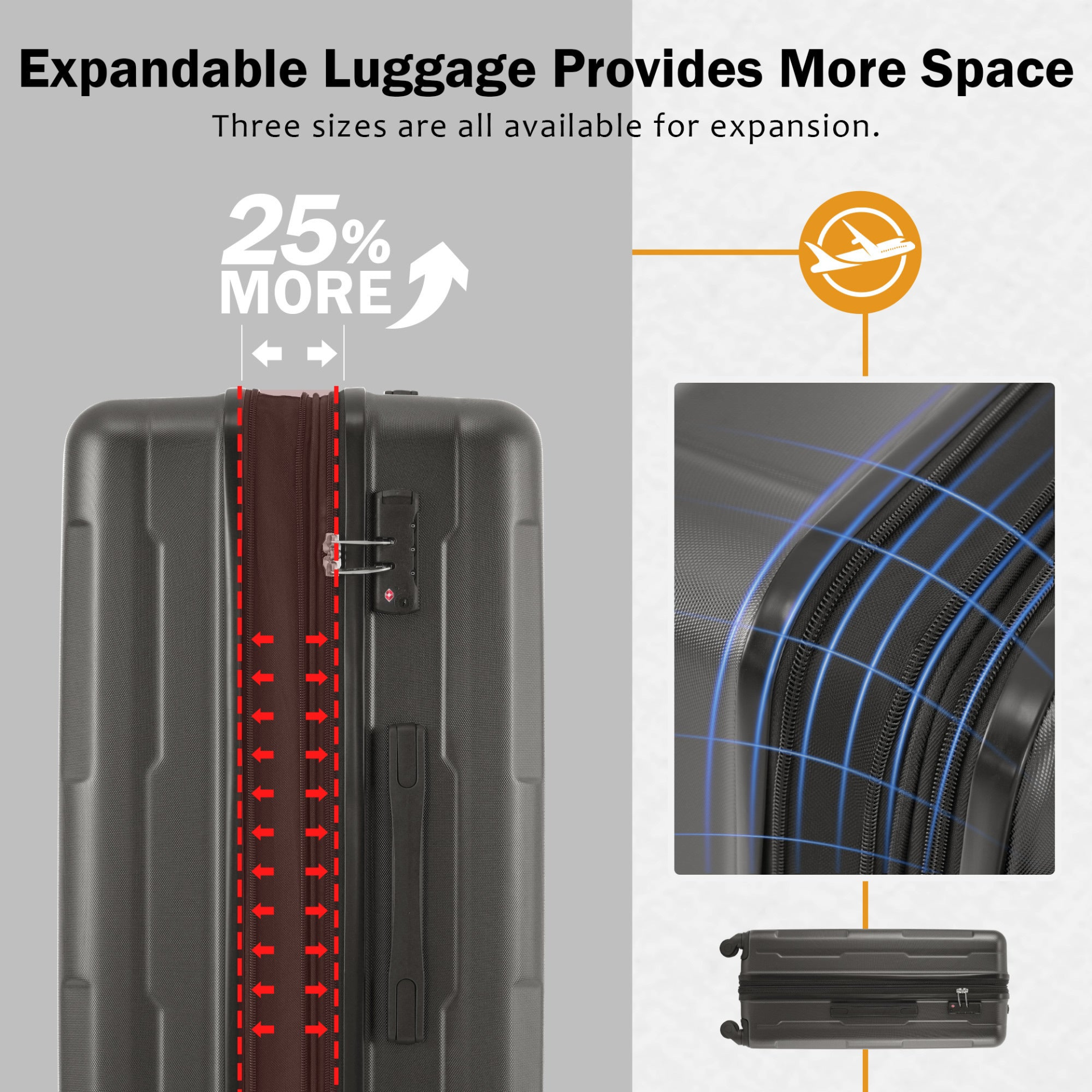 Start2Finish expandable spinner suitcase set with lightweight ABS material, TSA lock, and matching travel bags.