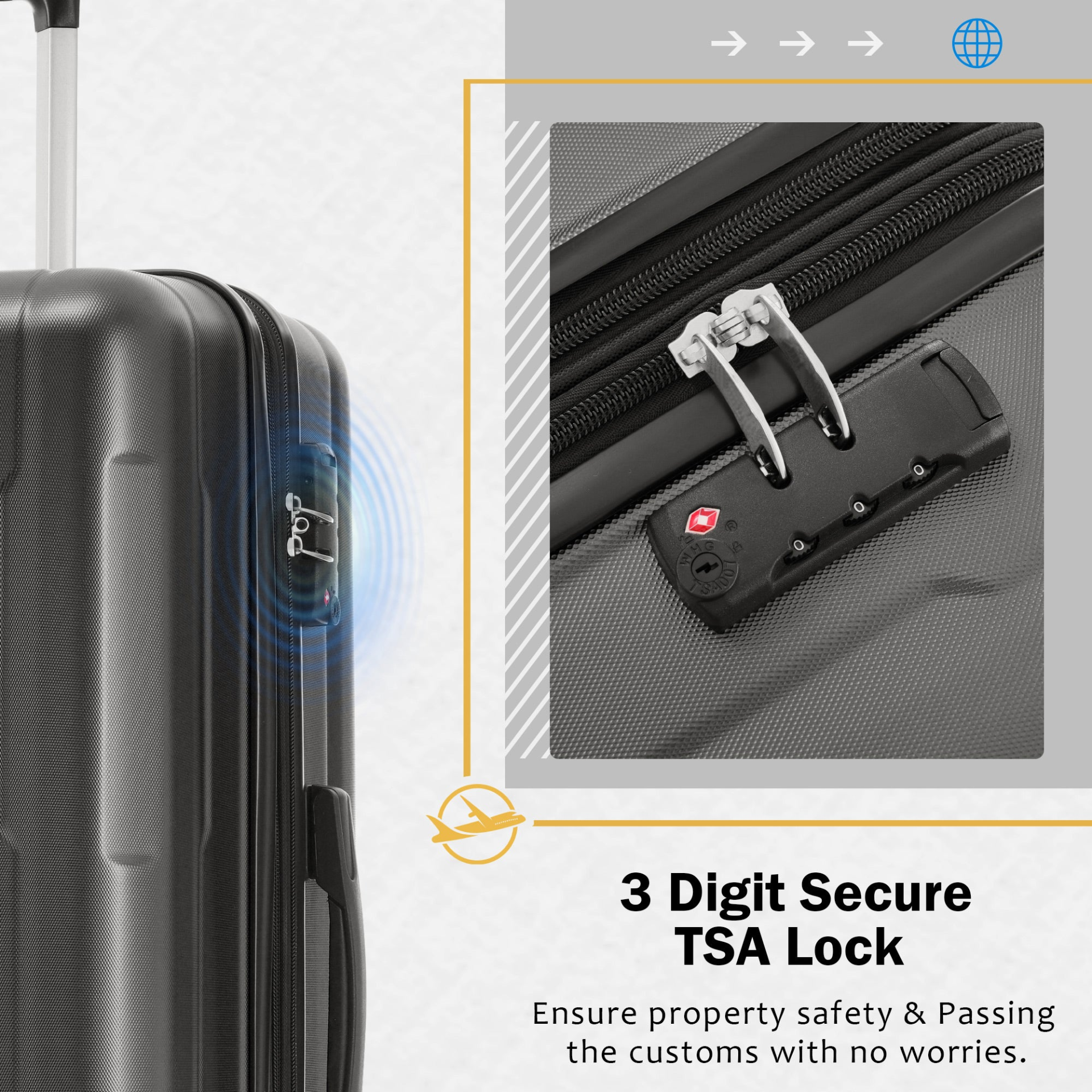 Start2Finish expandable spinner suitcase set with lightweight ABS shells, TSA lock, and matching travel bags.