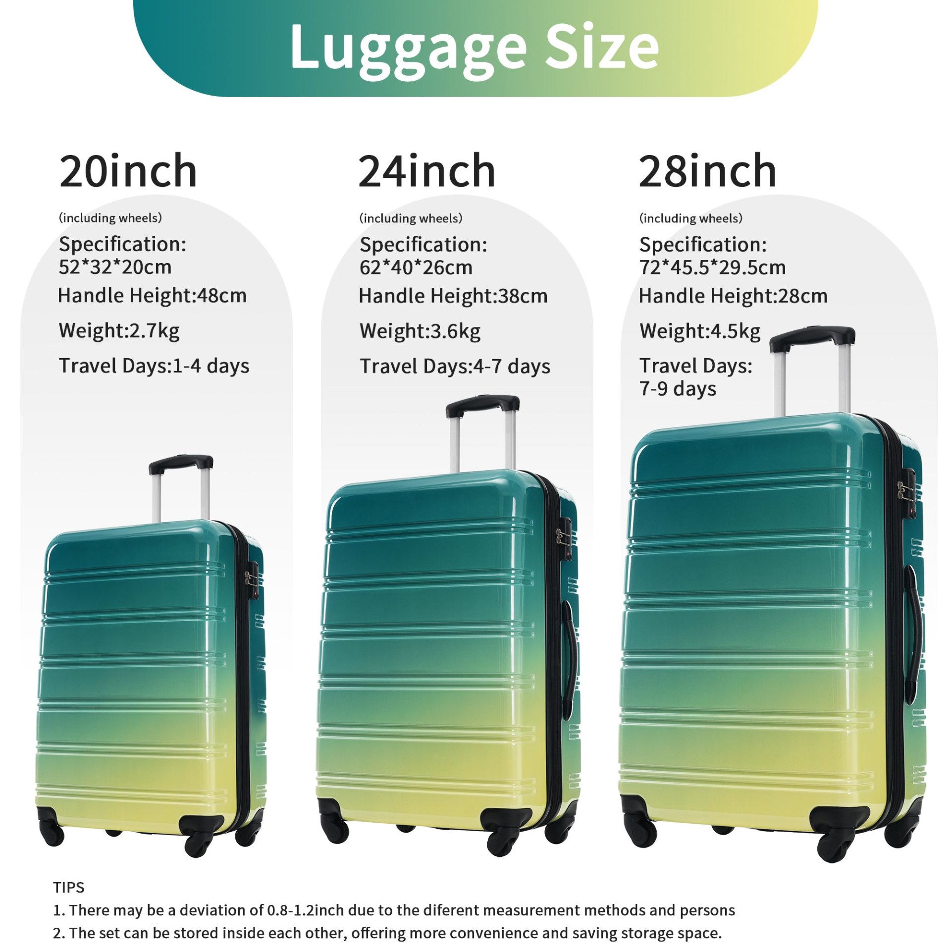 Start2Finish hardshell 3-piece gradient luggage set with expandable suitcases, spinner wheels, and TSA lock for travel accessories.