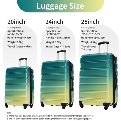 Start2Finish hardshell 3-piece gradient luggage set with expandable suitcases, spinner wheels, and TSA lock for travel accessories.