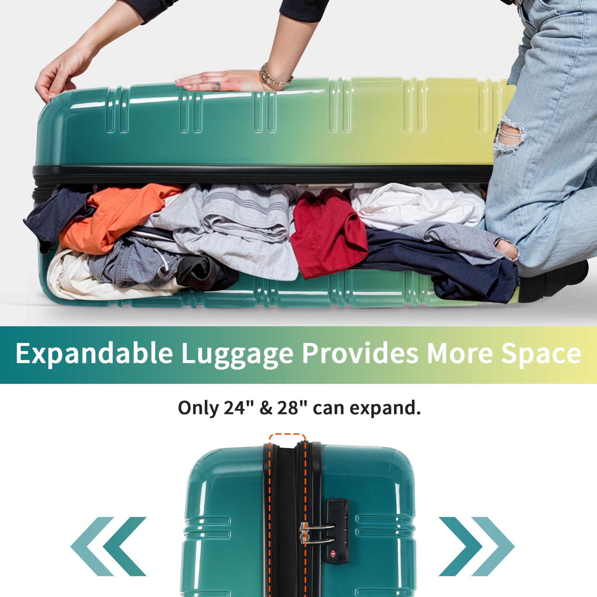 Start2Finish hardshell 3-piece gradient luggage set with spinner wheels and TSA lock, expandable suitcases for travel accessories.
