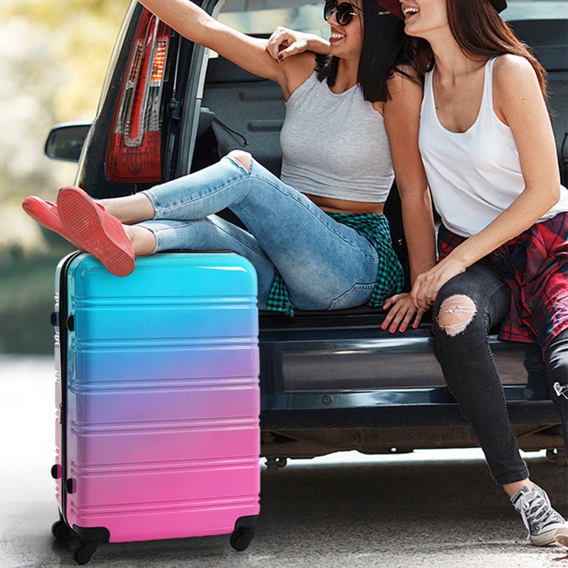 Start2Finish hardshell 3-piece gradient luggage set with expandable suitcases, spinner wheels, and TSA lock for travel.