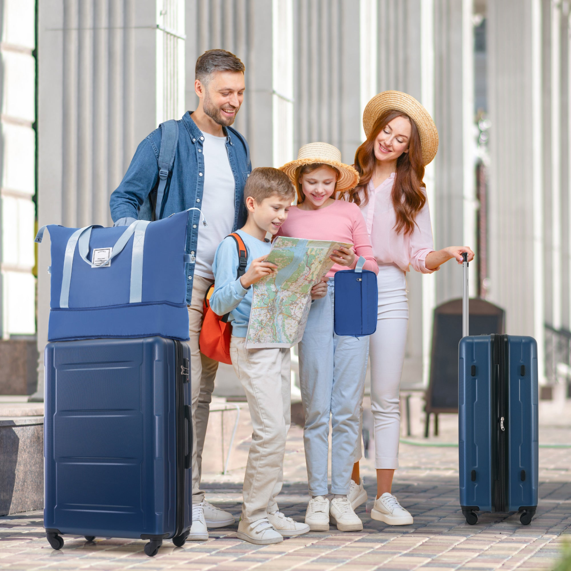 Start2Finish expandable spinner suitcase set with TSA lock, lightweight ABS material, and matching travel bags.
