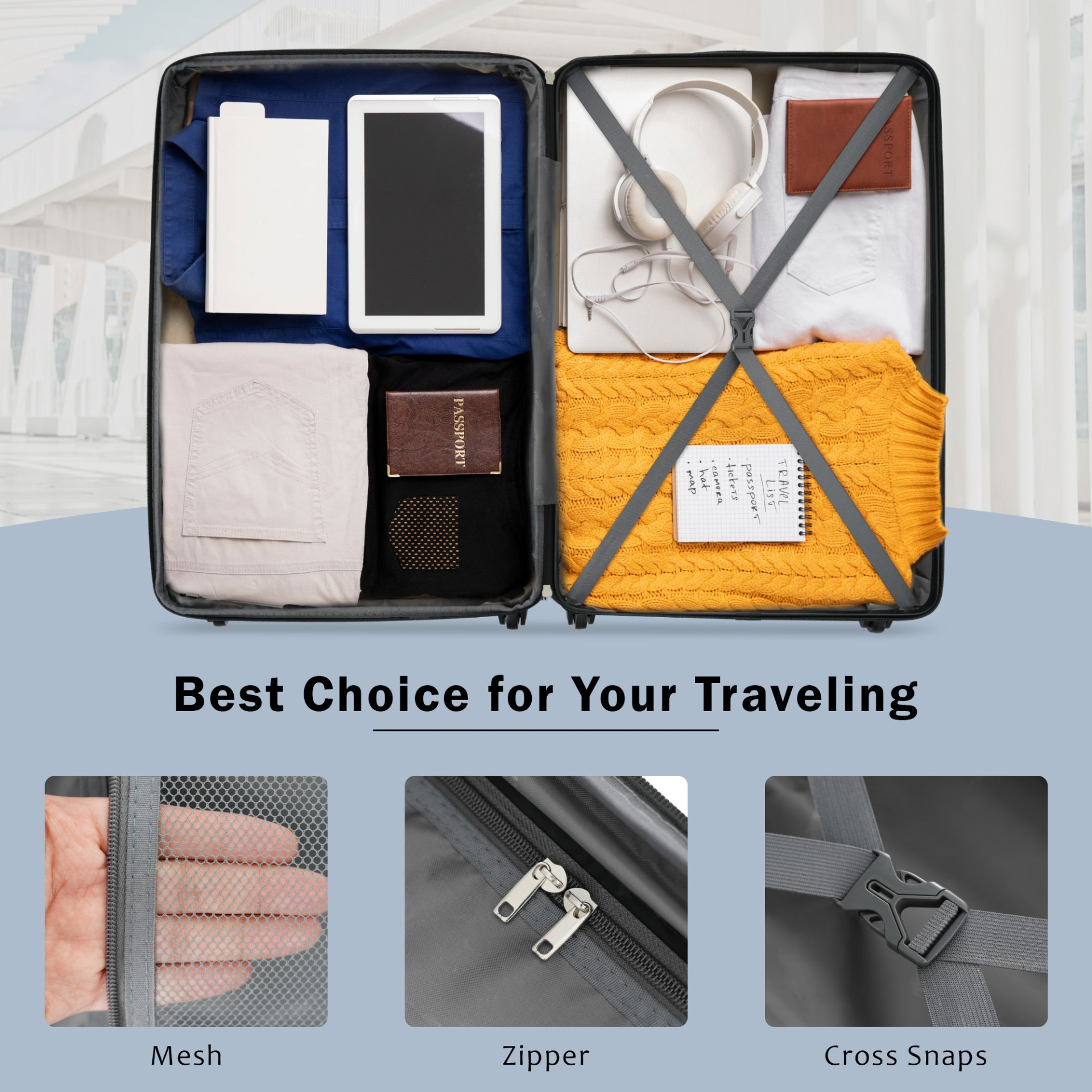 Start2Finish expandable spinner suitcase with TSA lock, lightweight ABS design, and matching travel bags for convenient packing.