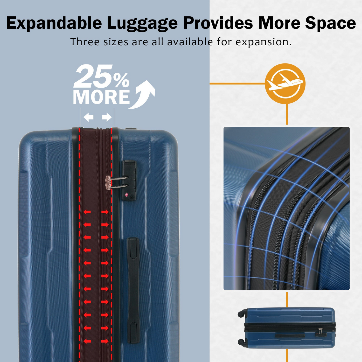 Start2Finish expandable spinner suitcase set with lightweight ABS, TSA lock, and matching travel bags.